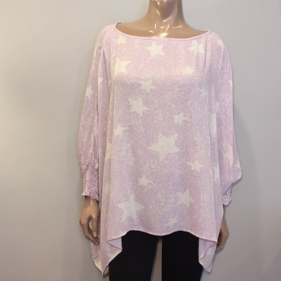 3/$20 ODDY Oversized Star Print Top Long Batwing Sleeve Smocked Cuff Asymmetric - Picture 9 of 13